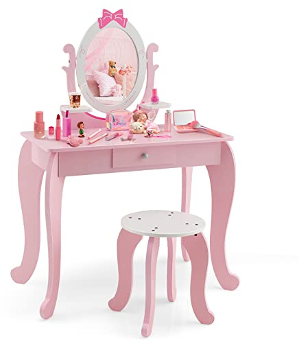 DREAMADE 2 IN 1 Kinder Schminktisch mit Hocker und abnehmbarem Spiegel, Kinderschmink aus Holz, Frisierkommode, Kosmetiktisch, Prinzessin Frisiertisch mit Schublade für Kinder Mädchen