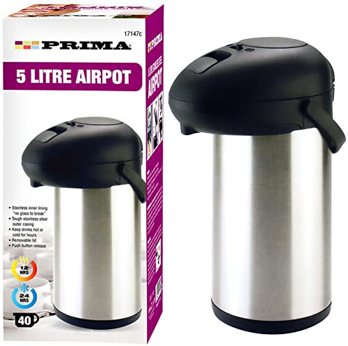 5L Prima Professional Stainless Steel AIRPOT HOT & Cold Drinks Tea Coffee Vacuum Flask JUG Energy Saver Pump Action AIR Pot Insulated Carry Handle Travel UK Free P&P