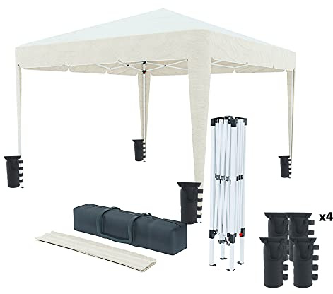 Gazebo Pieghevole Idrorepellente 3 x 3 M Da Giardino Con 4 Sacche Per Pesi E Sacca Trasporto Chiusura A Fisarmonica Per Fiere Campeggio Esterno Piscina Struttura Acciaio Copertura 160 gr/m² (Beige)