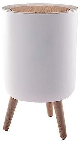 Moderne Poubelle Blanc, Panier à Déchets avec Presse de Couvercle, Style Ins Trépied en Bois, Imitation Bois, pour Cuisine, Salle de Bain, Salon, Bureau, 22x36,3cm