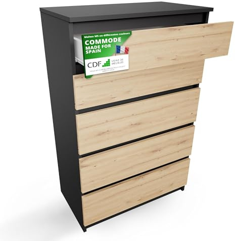 CDF Kommode Anthrazit Artisan mit 5 Schubladen 109 cm Hoch Sideboard Schmale Komode Schlafzimmerkommode für Flur Büro Schlafzimmer Wohnzimmer Schubladenschrank Regal mit Schubladen Schrank Möbelstück