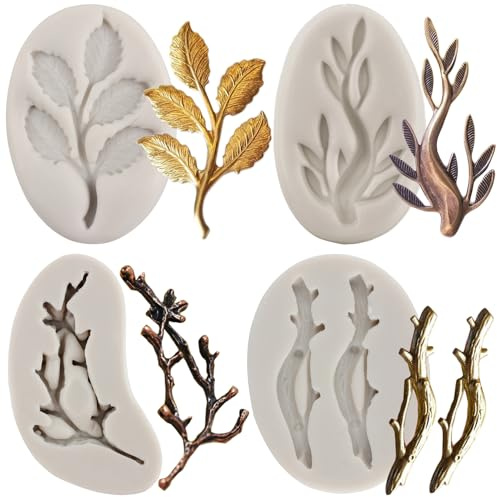 MYPRACS Moldes de silicona con diseño de ramas de árbol para fondant de chocolate, caramelos, decoración de tartas, magdalenas, pasta de goma, juego de 4