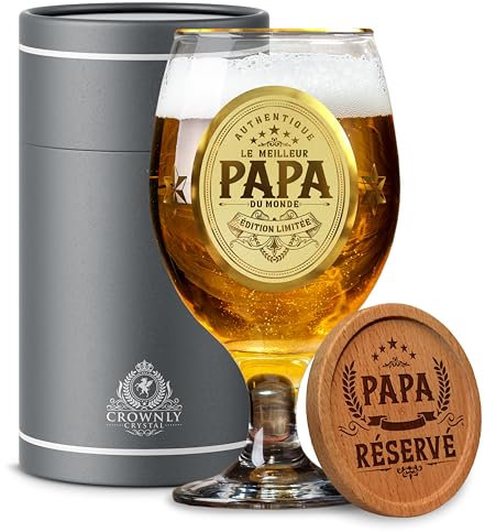 CROWNLY CRYSTAL® Verre à Bière Personnalisé Cadeau Papa Annonce Grossesse Meilleur Papa Anniversaire Homme Original