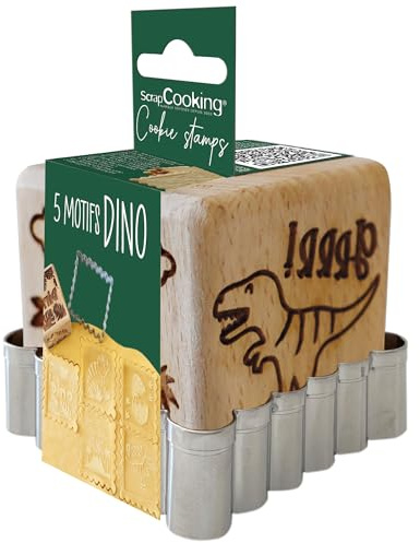 SCRAP COOKING - Tampon Pâtisserie en Bois à Motifs Dinosaure - Avec 1 Découpoir Emporte-Pièce Biscuit & Cube avec 5 Faces Gravées en Relief - Moule Décoration Dino Jungle - 5299