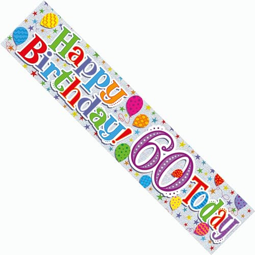 Happy 60th Birthday Party Banner Age 60 Giant Extra Wide Decoration Garland Bright Colourful Multicolour Unisex Recyclable Eco Friendly Holographic Shiny Sparkly Party Banner