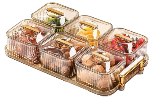 BigKing Dry Fruit Tray with Lid, Divided Snacks Dish, 6 Plastic Divided Snacks Dish, Clear Removable Condiment Bowls, Food Grade Tray for Desserts Fruits Vegetables