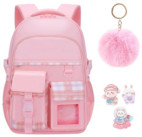 IHCEMIH School Backpack, Girls Cute Bags for Primary Secondary School Multi Pocket Casual Plain Daypacks Childrens Travel Rucksack Elementary Book Bag Pack with Keychain Badges for Teen Kids Pink