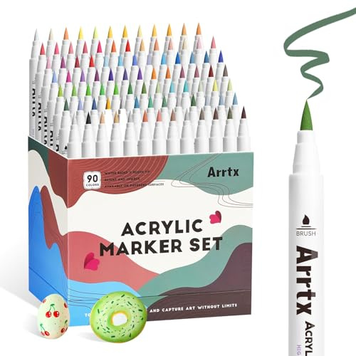 Arrtx 90 Colors Acrylic Markers Paint Pens, Acrylic Paint Pens for Artists Adults Coloring Drawing - Brush Tip Paint Marker for Rock Painting, Wood, Canvas, DIY Crafts Making Art Supplies-90A