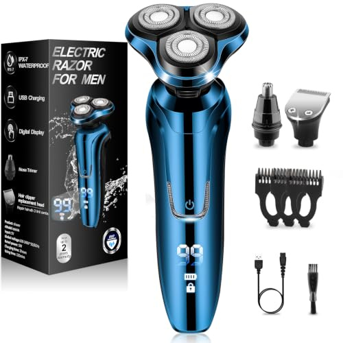 Electric Razor for Men, 3 Floating Heads Waterproof Wet Dry Shaver for Men, LED Display Cordless with Rechargeable Nose Hair Trimmer and Beard Trimmer,Prtable Travel Men's Razors