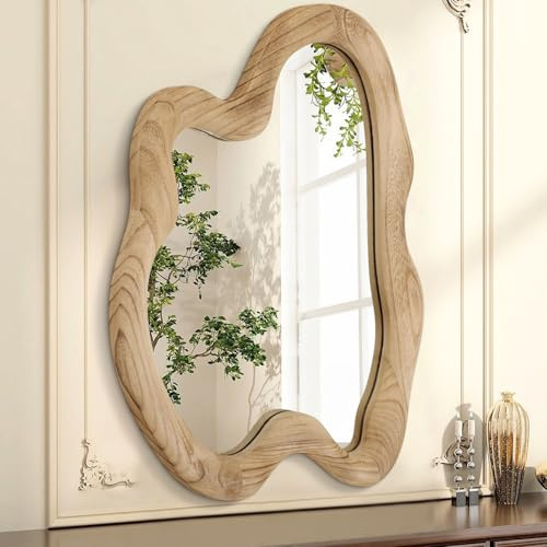 AAZZKANG Asymmetrischer Wandspiegel aus Holz, rustikal, unregelmäßig, Hängespiegel, groß, 70 x 50 cm, dekorativ für Badezimmer, Schlafzimmer, Wohnzimmer, Flur