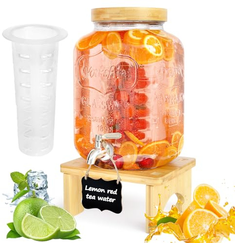 2 Gallon Drink Dispenser with Stand，Glass Beverage Dispenser With Wood Stand, 18/8 Stainless Steel Spigot and Labels Large Water Drink Dispensers for Parties, Lemonade,Juice, Tea