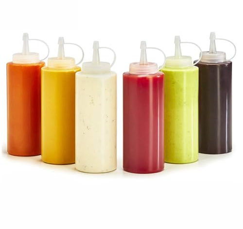 trabag 6 Stück Quetschflasche 240ml, Plastik Squeeze Flasche, 8oz Mit Kappe Dosierflasche, Saucenflasche, Quetschflasche für Malen,Backen,Ketchup,Scharfe SoßE,Olivenöl