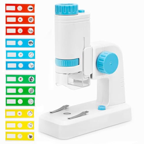 Funsland Microscopio para Niños 6 7 8 9 10+ Años - 80X-200X Microscopio Portatil con Luces LED y 12 Muestras, Mini Microscopios Profesional Kit de Ciencia y Juegos Educativos Regalos para Niñas