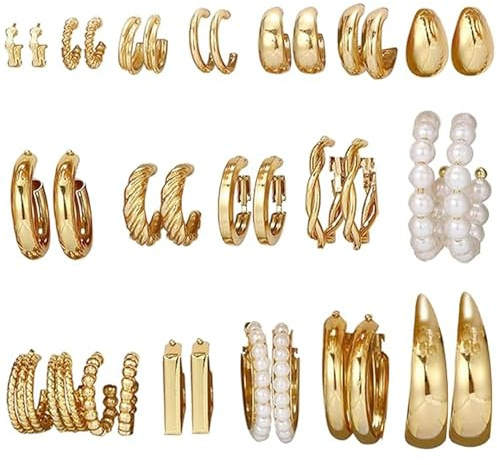 Musedimall Multipack Goldenes Statement Ohrring Set Enthalten Perlen Ohrringe, Piercing Kleine Ohrstecker, Creolen, Acryl Hypoallergen Ohrringe für Geschenk oder Tägliche Kleidung Passend