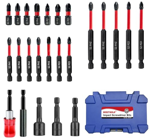 NORTOOLS 24PCS Impact Screwdriver bit Set Phillips, Pozi,Hex Shank S2 Steel,Magenetic Nut Driver Set for Impact Drills and Power Screwdrivers,Retractable Bit Holder and Extendable bit Holder