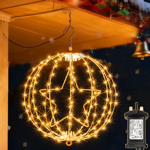 yowin Christmas Star Hanging Ball Lights, Plug in Window Lights with Timer | 30 CM 200 LED with Timer 8 Modes Large Xmas Sphere Light Outdoor Waterproof Light Up Balls for Door Room Decor - Brown Frame