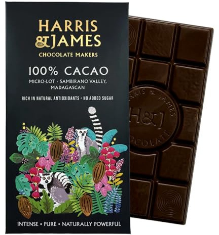 Harris & James 100% Cacao Chocolate Bar. Made From Madagascan Cacao, Naturally Rich In Flavonoids & Antioxidants. Bean To Bar Chocolate Suitable For Vegans.
