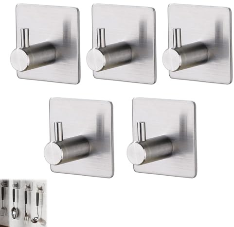 5PCS Door Hooks Self Adhesive, Stick on Hooks Heavy Duty, Sticky Hooks for Hanging, Stainless Stick on Towel Suction Hook for Hanging Heavy Duty, Bathroom, Door