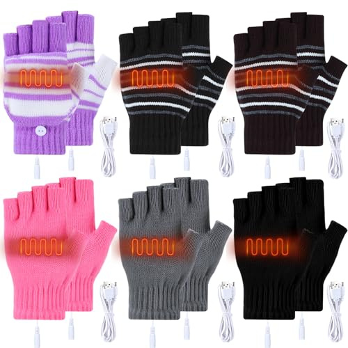 Cutecrop 6 Pairs Winter Heated Gloves Hand Warmer Gloves USB Touch Screen Fingerless Half Mitten for Women Adult Cold Weather(Multicolor)