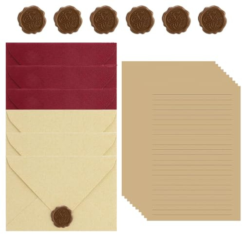 22-Teiliges Vintage Briefpapier mit Umschlag - Briefpapier Set, Kraftpapier Briefpapier liniert mit Kaschmir-Material Briefumschlägen und Wachssiegel für Hochzeits Einladung & Briefe