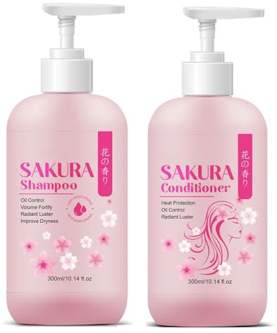 Sakura Shampoo + Conditioner Set, Japanese Shampoo,with Cherry Blossom Extract & Vitamin E, Clarifying - Volumizing Clarifying, Hydrating and Thickening Hair Care, Repairs, Shine