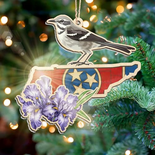 Tennessee State Suncatcher Ornament – Mockingbird & Iris Flower Window Hanging Decoration with State Flag Design, Southern Gift