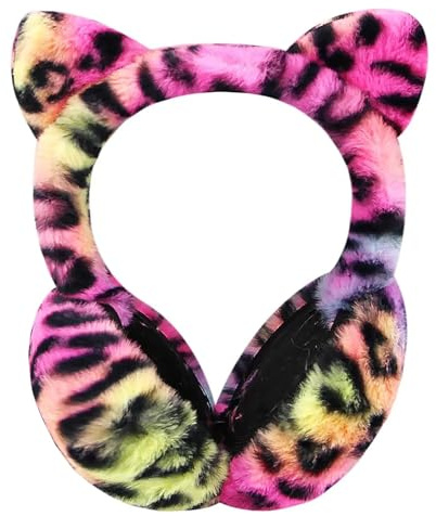 RUIXIA Cache Oreilles Femme Hiver Pliables en Fausse Fourrure Cache Oreilles Imprimé Léopard Mignon avec Motif de Chat
