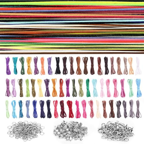 Freyeeti 60 Stück 60 Farben Lederband, 1m x 3mm Lederband für Ketten mit 100 Verschluss, 50 Karabinerverschluss und 100 Biegeringe, Basteln Lederbänder für DIY Armband Halskette Schmuck Handwerk