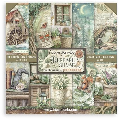 Stamperia - Scrapbook Paper Pad for Scrapbooks, Albums, Cards, Bullet Journals and More, Acid Free, Double-Sided, Perfect for Hobbies, Crafts, and Gifting (Herbarium Silvae) (20.3 x 20.3cm)