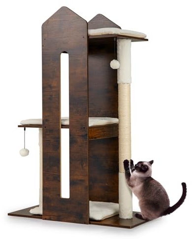 COSTWAY Arbre à Chat XL 120 cm, 3 Plateformes, 2 Poteaux à Griffer en Sisal, Arbre a Chat Maine Coon, Coussins en Peluche Amovibles Lavables, 2 Pompons, Tour pour Chaton à 3 Niveaux (80 x 40 x 120 cm)