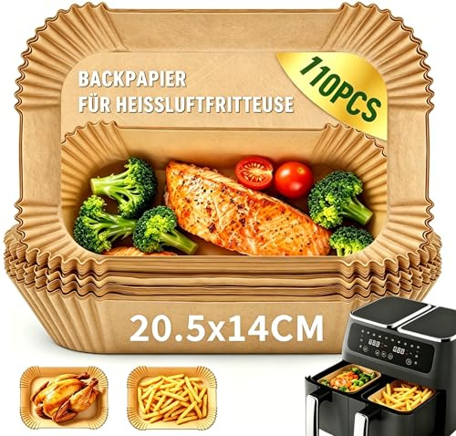 MRUN BONE 110 Stück Backpapier für Heißluftfritteuse 20,5x14 cm, für Ninja AF300EU AF400EU AF500EU & Doppelkammer Air Fryer 7,6-10L, Double Stack XL – Pergamentpapier Liner, Airfryer Zubehör