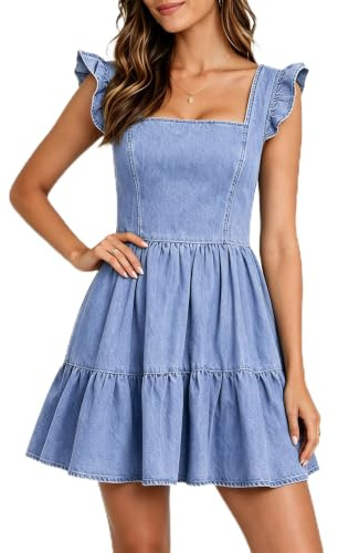 Fengbay Denim Dresses for Women Square Neck Spaghetti Strap Jean Mini Dress
