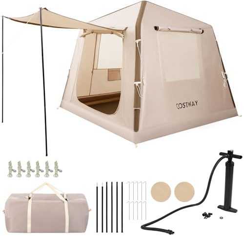 FANTASK Aufblasbares Zelt, 210 x 210 x 180 cm, Outdoor Campingzelt mit Moskitonetzfenstern, Wurfzelt mit Pumpe & Tragetasche, Familienzelt mit Erdankern & Spannleinen für 2-4 Personen