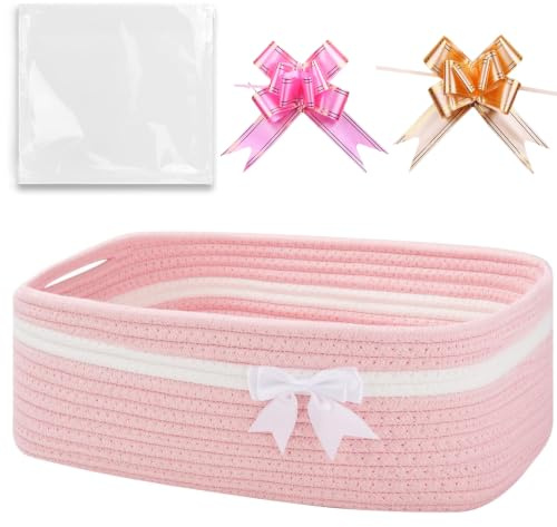 Liliume Geschenkkorb Leer Baumwolle Geflochten Rosa Groß 30x20x12cm Mit Griffen, Inkl Transparente Geschenktüte & 2 Bänder, Aufbewahrungskorb Für Hochzeit Babyparty Geburtstag Feiertag
