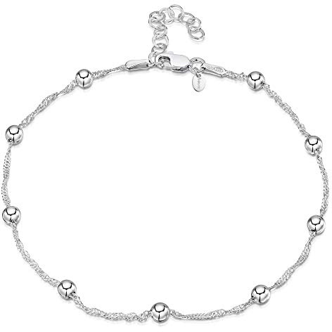Amberta Italienisches Fußkettchen aus Sterlingsilber 925 für Damen | Verstellbares Fußband mit Perlen und Herz – Sommer-Schmuck