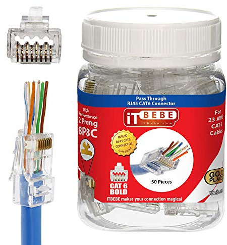 ITBEBE pack de 50 conectores RJ45 pasantes para Cat6 y Cat6a, 23 AWG – compatibles con cables Ethernet sólidos y trenzados
