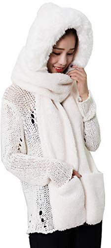 Cheerlife Damen Fleece Schal mit Kapuze und Handschuhe warme Kapuzenschal3-in-1 Multifunktion Schal Mütze Handschuhe Mützenschal (Weiß)