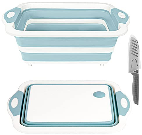 Collapsible Cutting Board, Foldable Chopping Board with Colander, Multifunctional Kitchen Vegetable Washing Basket Silicone Dish Tub for BBQ Prep/Picnic/Camping(Light Blue)