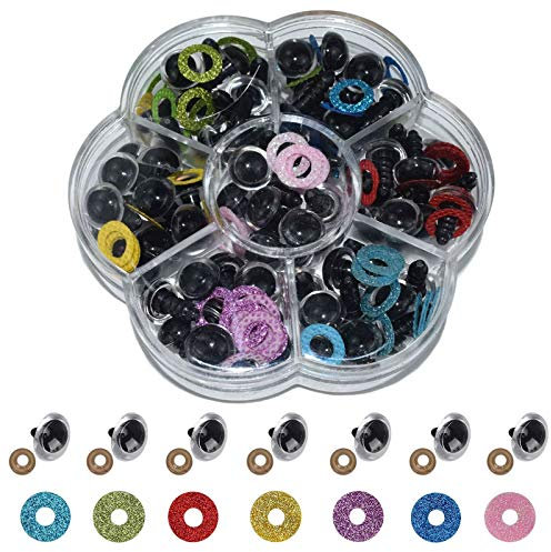 Teddy Puppenaugen 70 Stk 10mm Kunststoffaugen Set Colorful Sicherheit Augen Plastikaugen Puppe Augen Glitzer Bunt Augen mit Unterlegscheibe für Puppe Marionette Teddybär Häkeltiere Plüschtier Basteln