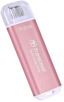 Transcend 512GB SSD Portátil ESD300P USB Tipo-C 10Gbps Compatible con PS4/PS5 Rosa TS512GESD300P | Unidad externa de estado sólido USB 3.2 Gen 2 para iPhone 17, 16, 15, iPad, Mac, Pixel11, Steam Deck, Android, Smart TV