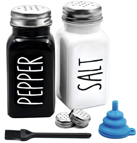 Salero y Pimentero de Cocina, Botes Especias Vintage Cristal en Blanco y Negro para Sal, Pimienta, Azúcar, Tarros de Cristal con Tapa de Acero Inoxidable, Cepillo Limpieza y Embudo, Decoración Cocina