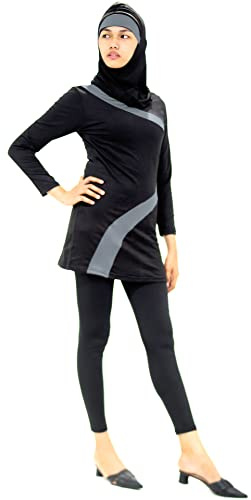 Svart Och Grå Burkini – Baddräktskombination Med Slöja (48)