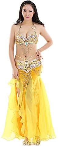 BOEYAA Damen Bauchtanz Kleidung Kleid BH Gürtel 3 Teilig Sexy Bauchtanz Karneval Kostüm Tanzkostüm