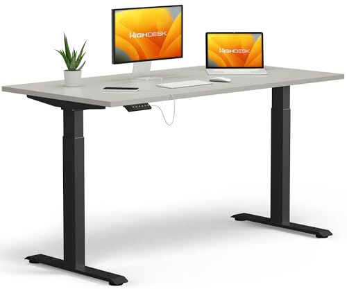 KRIEG HighDesk Basic Höhenverstellbarer Schreibtisch 140 x 80 cm I Schwarz + Grau - Elektrischer Sitz- & Stehtisch mit Tischplatte - Stehschreibtisch Elektrisch Höhenverstellbar