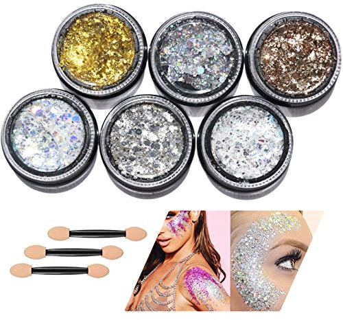 Glitzer-Gel-Set mit 6 Farben, selbstklebend, Meerjungfrau-Pailletten, funkelnd, Körperlotion, Glitzer-Flüssigkeit für Kosmetik, Gesicht, Haare, Lippen, Nägel, Weihnachten, Festival, Party