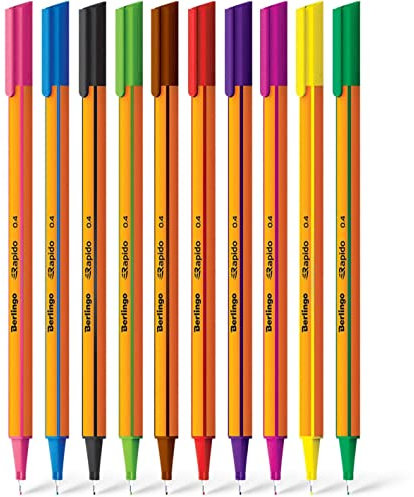 Berlingo Fineliner Set, 0.4mm, dreieckige Form, Farbige Stifte, metal Spitze, Schreiben, für das Büro, das Home Office oder die Schule und Uni, Serie Rapido, mix Farben (10)