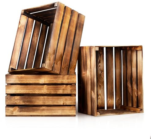 PINEEA Holzkisten Groß - Obstkisten Holz - Deko Weinkisten - 3 Stück Geflammt Vintage Holzbox 50x40x30