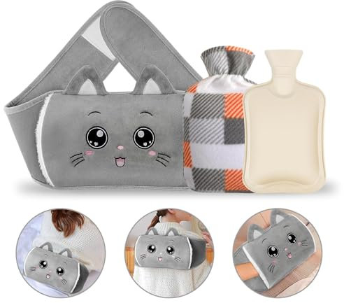 Aoreun Bouillotte, Bouillotte Ceinture, 3 en 1 bouillotte eau chaude Anti Fuite, bouillote avec Housse en Peluche Douce, Caoutchouc Naturel bouillotte pour Taille, Dos, Blessures Sportives - Gris