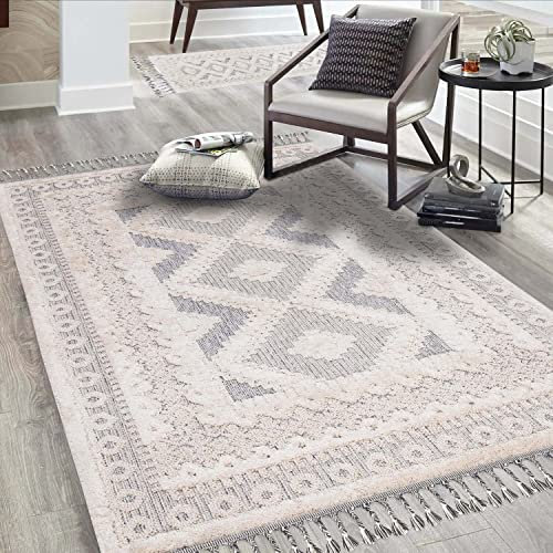 carpet city Teppich Wohnzimmer Boho-Stil Creme, Graublau - 140x200 cm - Bordüren-Look - Relief-Optik, 3D-Effekt - Cut-&Loop, Sisal - Moderne Fransen-Teppiche Schlafzimmer