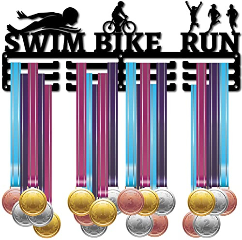 CREATCABIN Triathlon-Medaillenaufhänger Sportmedaillenhalter Eisen Wettbewerb Wandaufhängung Rahmen Haken Band Schwimmen Fahrradlauf Für Läufer Schwimmer Sportler Geschenk Über 60+ Medaillen 40x15cm
